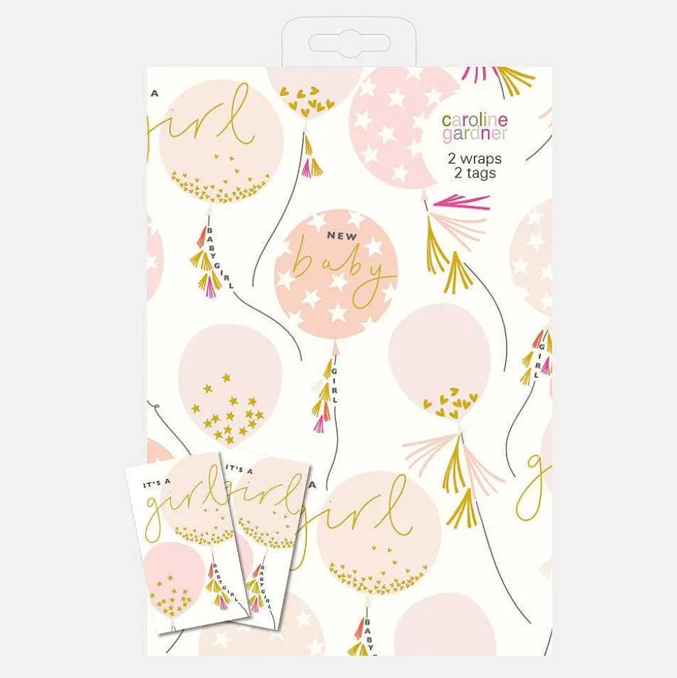 Cheap Baby Girl Balloons Wrapping Paper And Tags Set Of 2 Wrapping Paper Sets