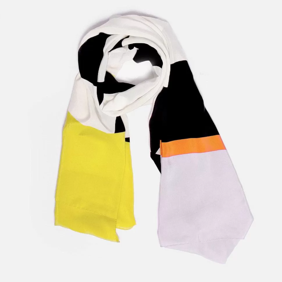 Fashion Black/Cream/Yellow Geometric Stripe Silk Scarf Scarves
