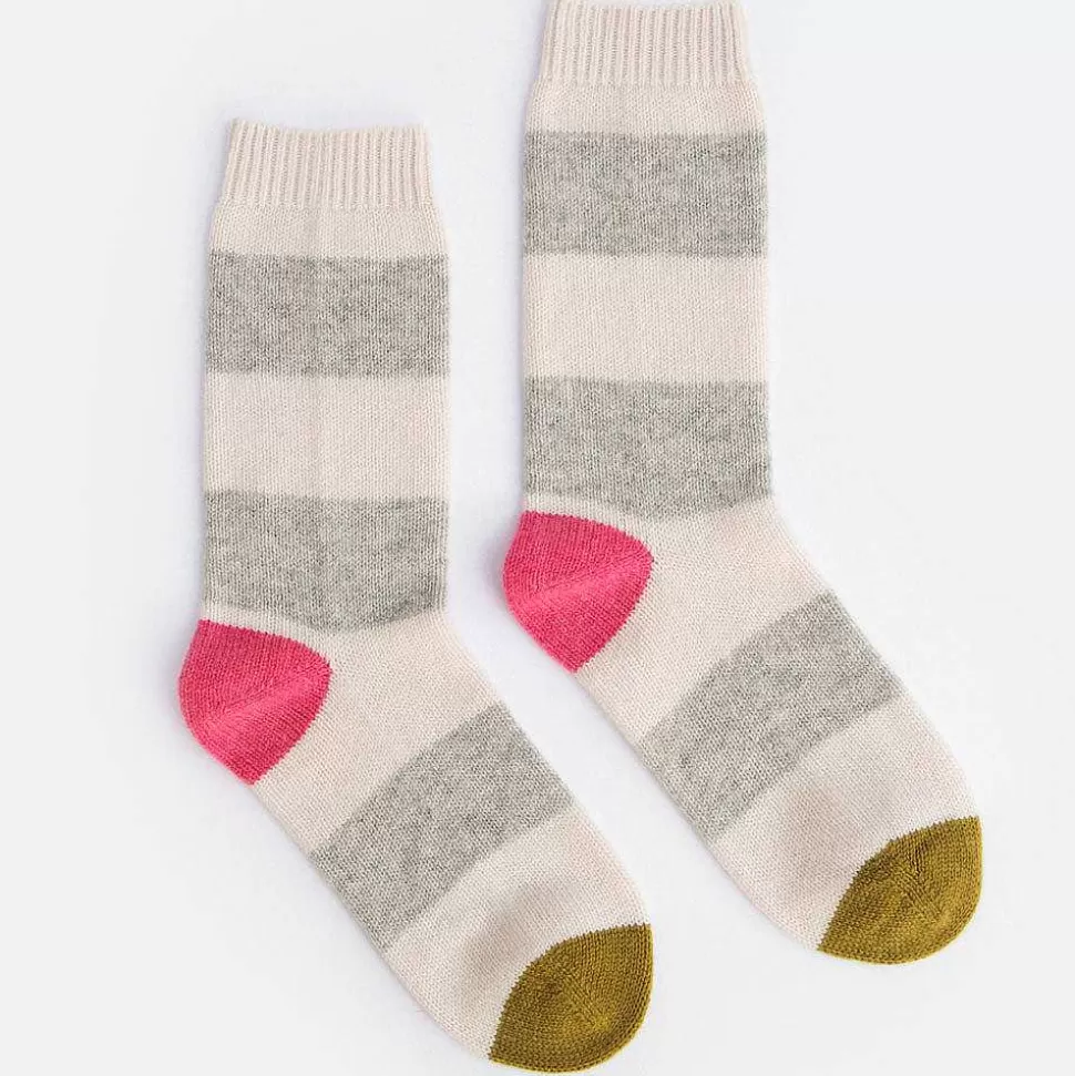 Shop Cream/Light Grey/Pink/Moss Stripe Cashmere Bedsocks Socks