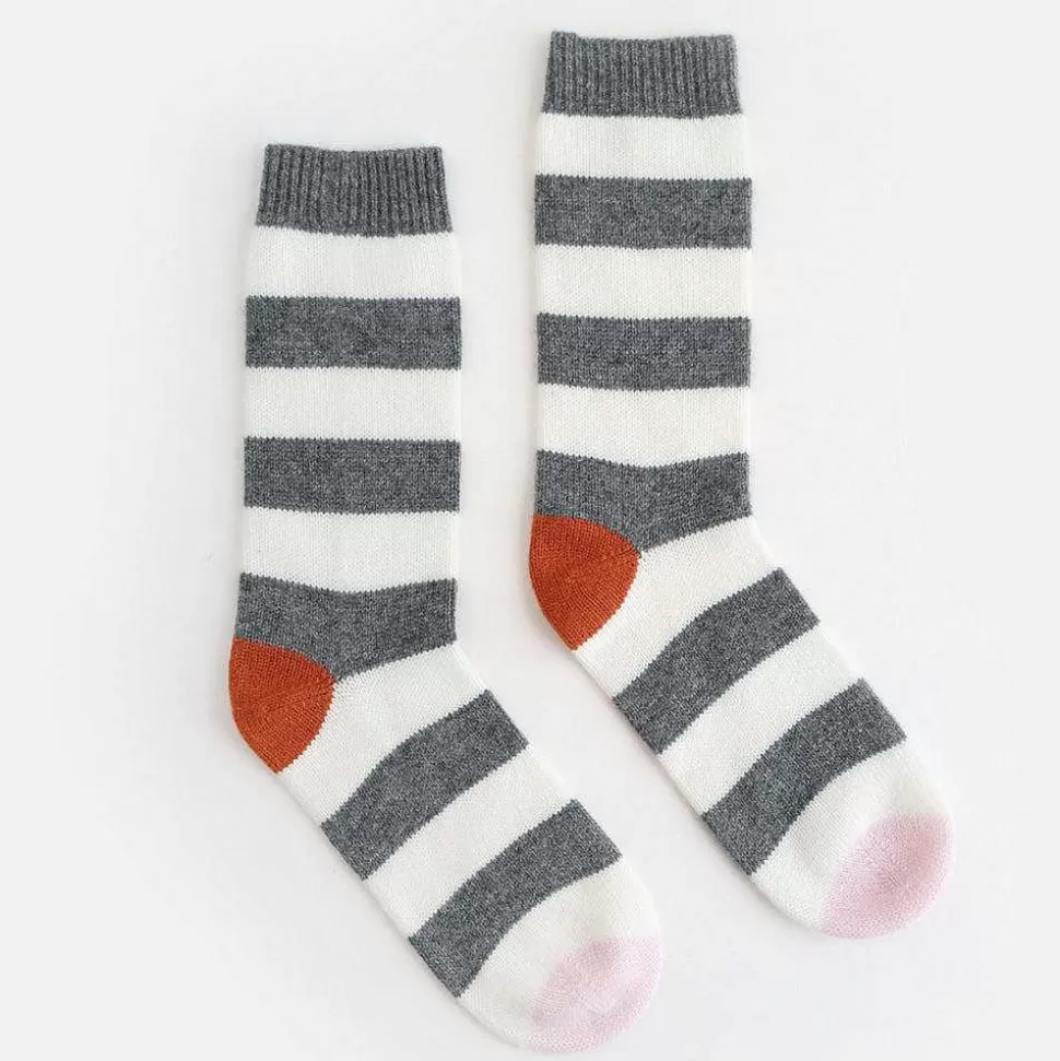 Shop Dark Grey/Cream Stripe Cashmere Bedsocks Socks