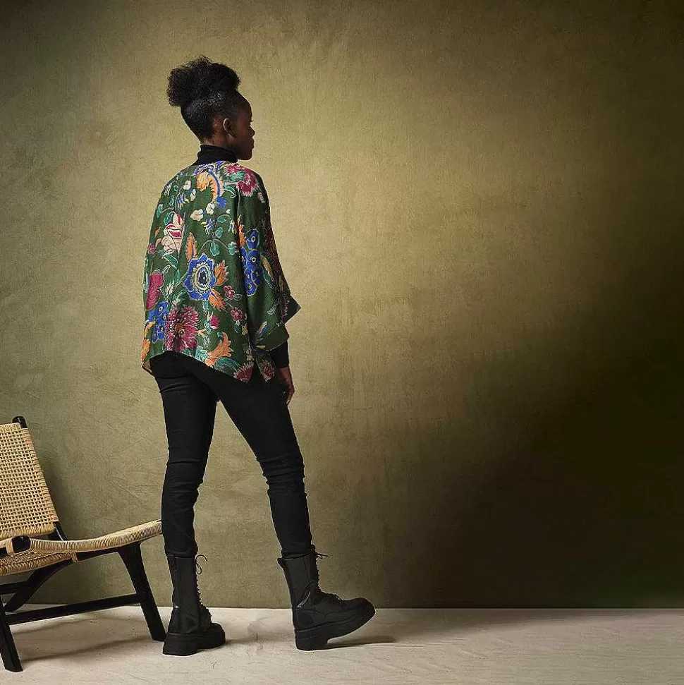 Online Green Flower Vase Short Kimono Loungewear