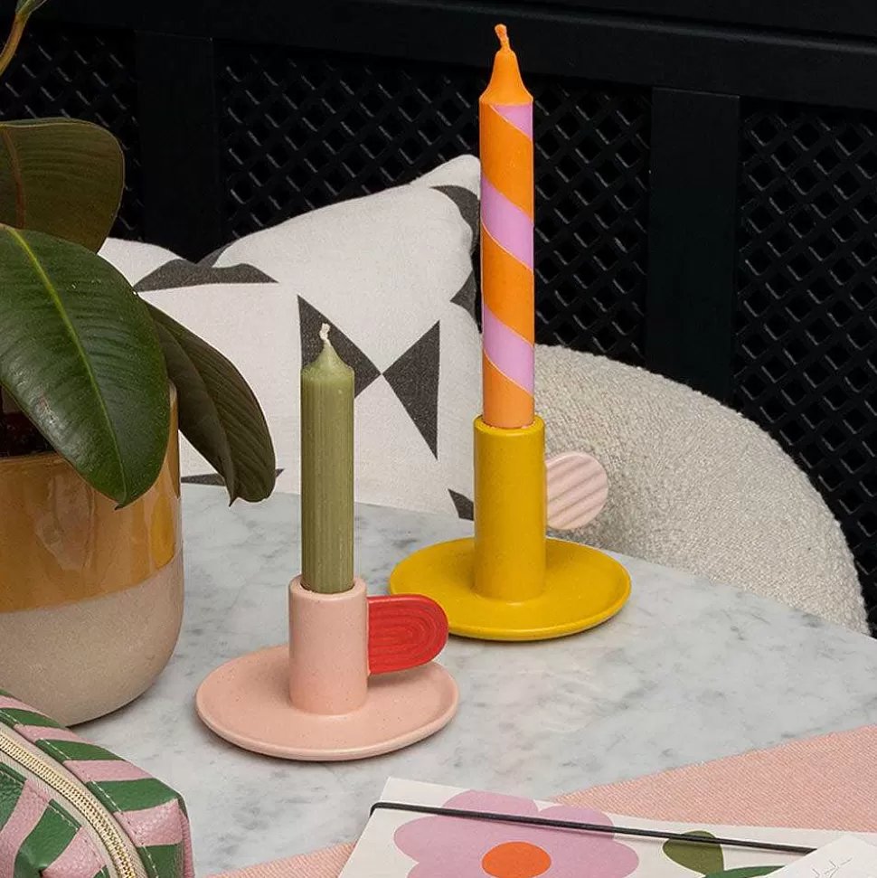 Clearance Mustard/Pink Hand Painted Stoneware Candle Holder Candles & Fragrance