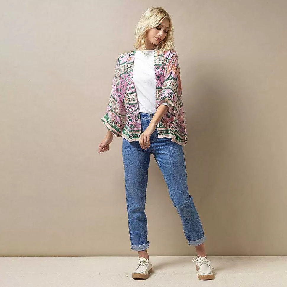Cheap Pink Folk Flowers Short Kimono Kimonos