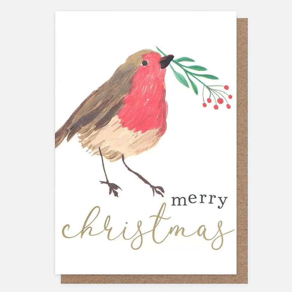 Hot Robin With Sprig Small Christmas Card Pack Of 10 Packs Of Cards